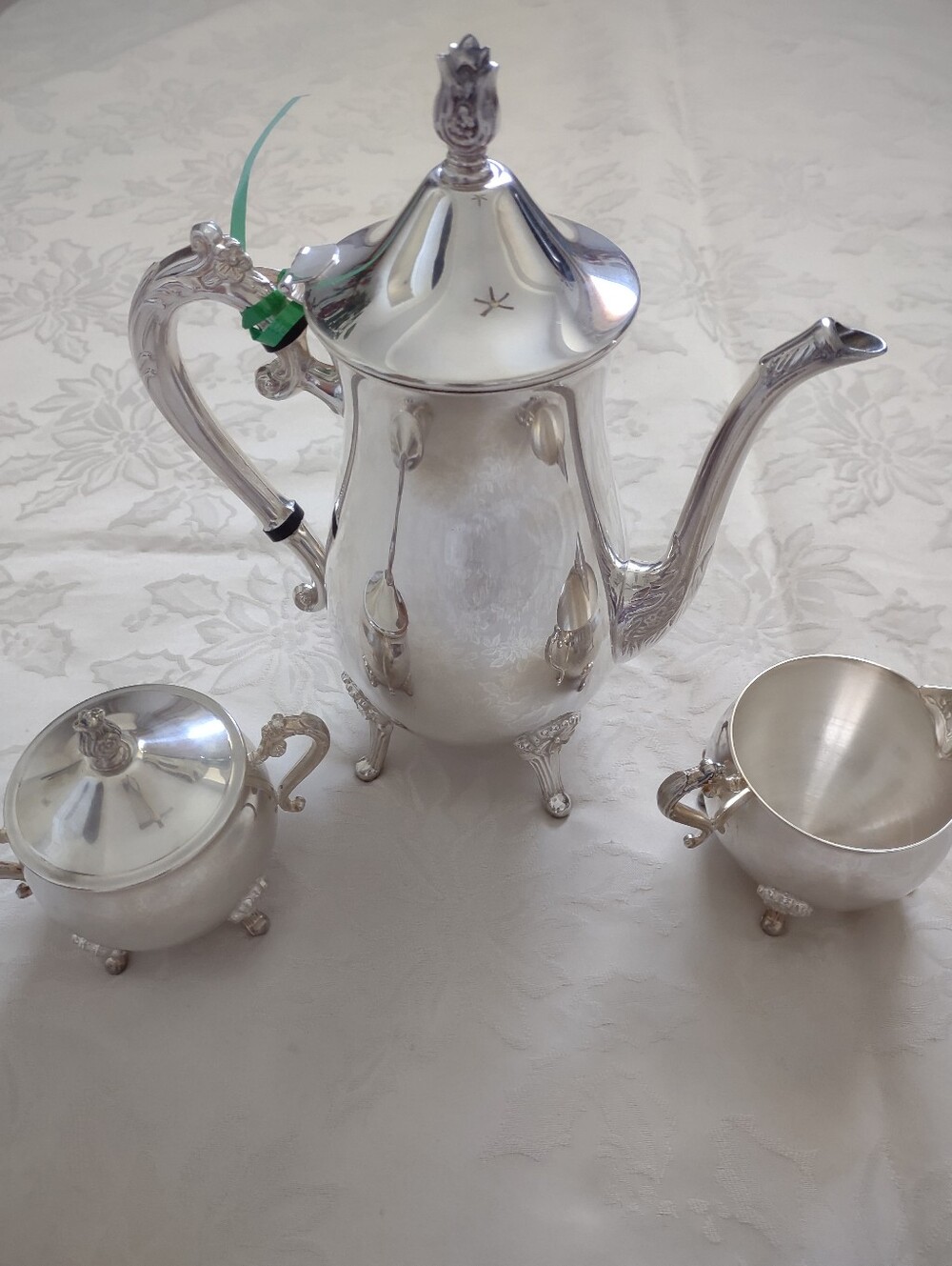 Vintage Leonard Silver Plated 3 Items Coffee Tea Set Victorian Footed Floral MCM